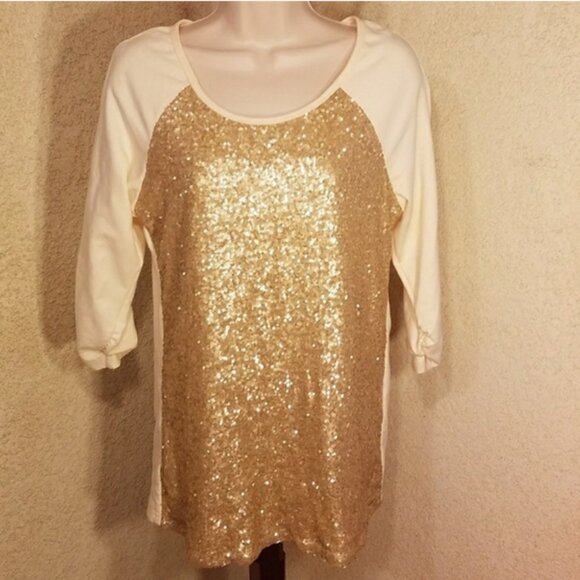 Tobi cream and gold sequin 3/4 raglan sleeve top size medium - Picture 1 of 6